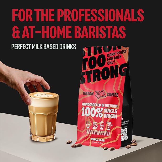 BAZAN COFFEE - Too Strong Robusta Vietnamese Whole Bean Coffee Dark Roast, Single Origin, High Caffeine & Low Acid Coffee, Bold Espresso Coffee Beans for Espresso Lovers, Full Bodied Flavor - 12oz bag