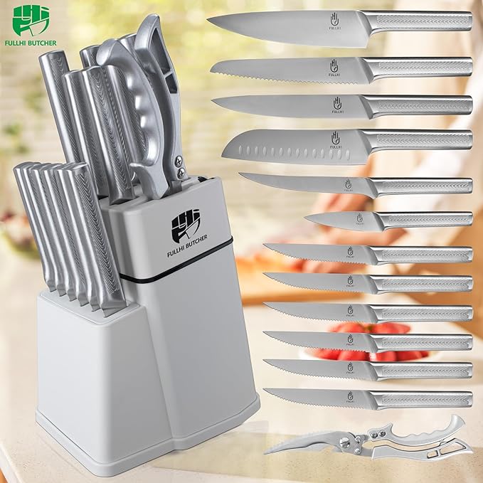 FULLHI 14pcs Knife Block Set, Dishwasher Safe Kitchen Knife Set with Built-in Sharpener, Stainless Steel Chef Knives Set with Knife Holder Kitchen Scissors
