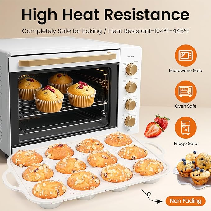 Silicone Muffin Pan with Metal Reinforced Frame - 12 Cups Muffin Pan With 24 Cups for Homemade Muffins, Cupcakes, Oven and Dishwasher Safe - Set of 2, Rainbow Dots