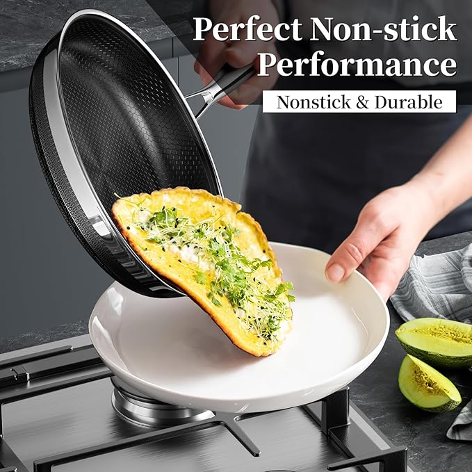Innerwell Nonstick Frying Pans 9.5 Inch Hybrid Tri-Ply Stainless Steel Frying Pans Titanium Ceramic Nonstick Cooking Pan,PFAS/PFOA/PTFE Free,Compatible with All Cooktops