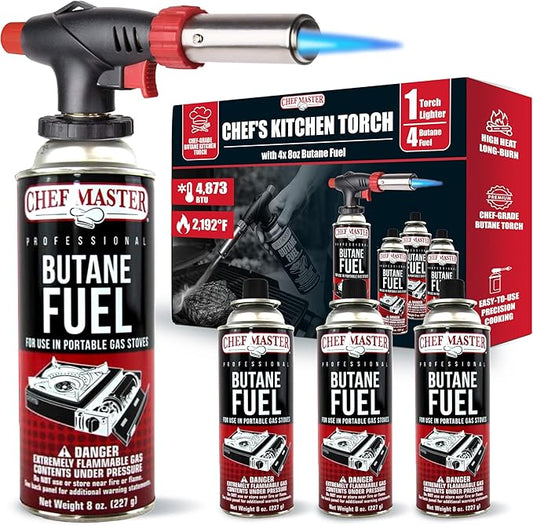 Butane Torch Lighter w/ 4 x 8oz. Butane Fuel Tin Canister Combo, Refillable Kitchen Torch & Adjustable Flame Cooking Torcher for Creme Brulee, Dessert, Meats, Indoor & Outdoor BBQ by Chef Master 90022