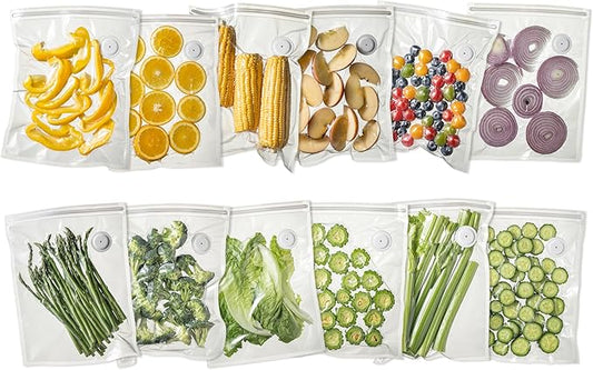 Vacuum Sealer Bags for Food, 12 PCS Reusable Sous Vide Bags BPA Free, Vacuum Zipper Bag with Universal Air Valve, Food Storage Bag for Meal Prep, Dishwasher Microwave & Freezer Safe