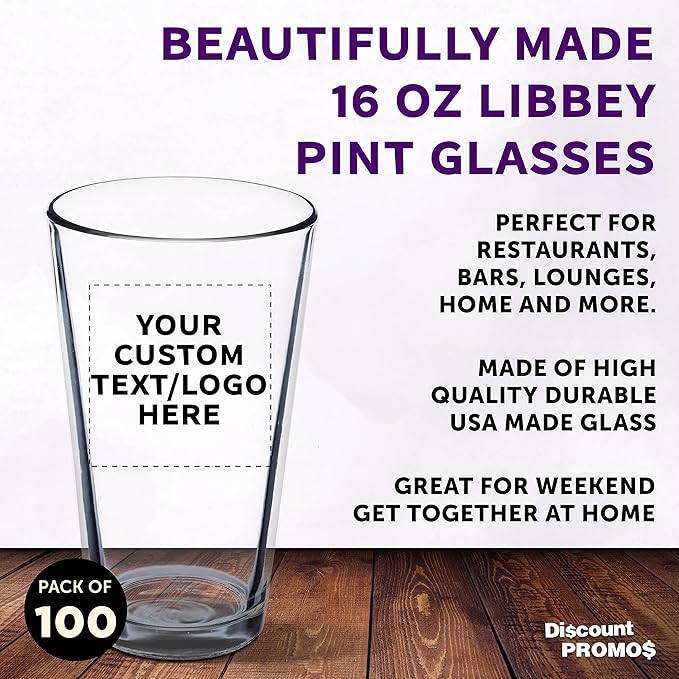 Custom Libbey Pint Glass 16 oz. Set of 100, Personalized Bulk Pack - Beer Glasses, Heavy Duty Drinkware - Clear