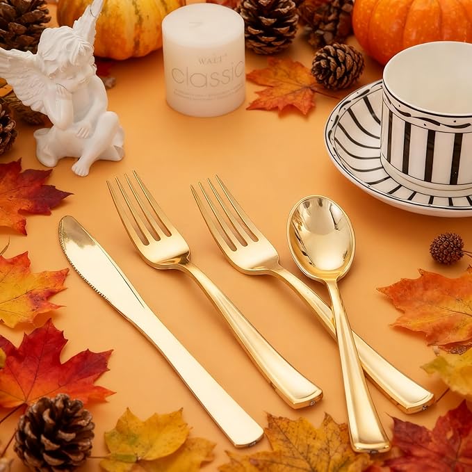 WDF 500PCS Gold Plastic Silverware Set Disposable - Gold Cutlery Set Plastic - 250Forks, 125 Spoons, 125 Knives for Thanksgiving Party, Birthday, Wedding