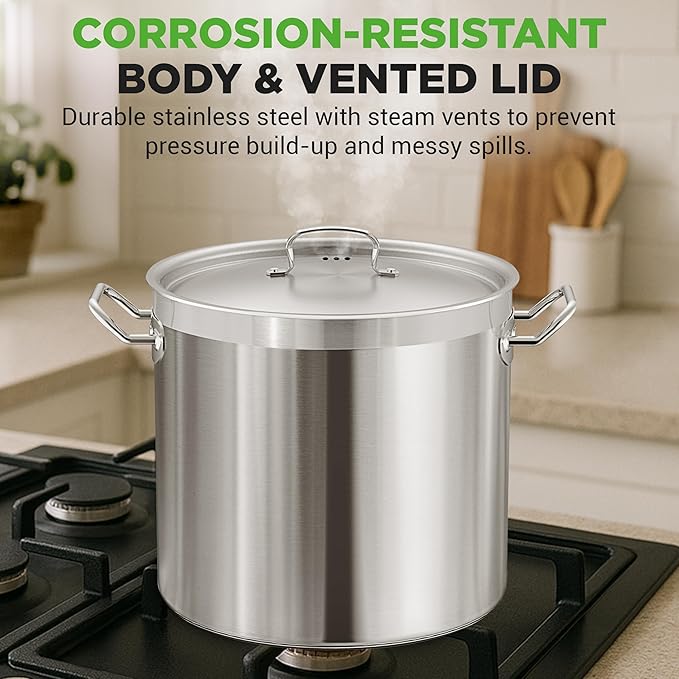 Nutrichef Stainless Steel Cookware Stockpot, 35 Quart Heavy Duty Induction Soup Pot With Stainless Steel Lid And Strong Riveted Handles, Even Heat Distribution, Compatible With Most Cooktops