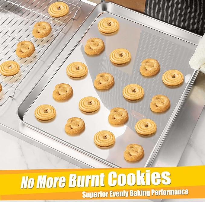 Homikit 2 Pack Baking Sheet, 18” x 13” Stainless Steel Large Cookie Pan Set for Oven, Heavy Duty Metal Half Sheet Baking Tray for Roasting Cooking, Nonstick & Rust Free, Dishwasher Safe