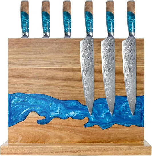 magnetic knife holder - Acacia wood blue resin river knife block, double-sided magnetic, 12.59 × 9.84 inches (Without knife)