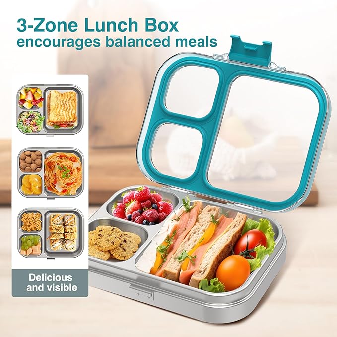 Stainless Steel Lunch Box, 3 Compartments Metal Bento Box for Kids Adults, Leak-Proof Lunch Box for School Office, Dishwasher Safe, BPA-Free, Tritan Lid, Blue
