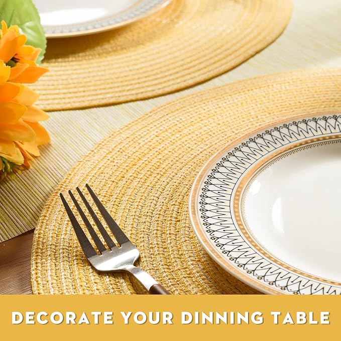 FunWheat Round Braided Placemats Set of 4 Place mats for Dining Tables Woven Heat Resistant Table Mats 15 inch (E Yellow, 4pcs)