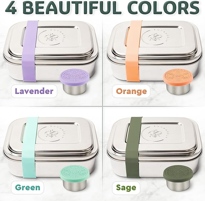 Everusely - Bento Box - Green, 27oz / 0.8 L - Stainless Steel Lunch Box with Leakproof Condiment Container - 3 Compartment Snack Organizer for On the Go Meals - Freezer & Dishwasher Safe