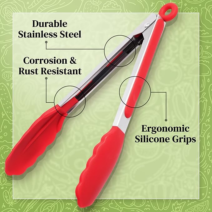 Popco 3-Piece Kitchen Tongs Set – Stainless Steel Heat Resistant Silicone Tips, Strong Comfort Grip, 3 Sizes (7, 9, 12 Inch), Non-Scratch, Dishwasher Safe, for Cooking, BBQ, Salad
