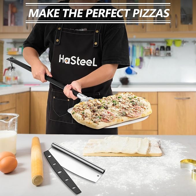 HaSteeL Aluminum Pizza Peel Spatula Set, 12 Inch Pizza Paddle Shovel, 14 Inch Metal Pizza Cutter Rocker, Pizza Oven Accessories Tools for Cooking Baking Turning Cutting, Long Detachable Handle