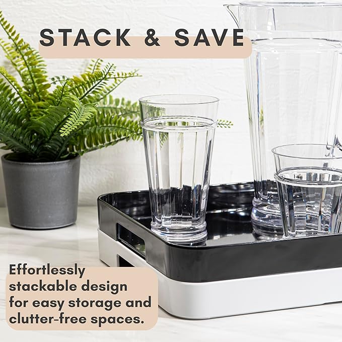 Bzyoo 11.5 x 16 Inch Large Rectangle Stackable Melamine Serving Tray with Handles – Minimalist Design, Multi-Purpose and Durable, BPA Free– Perfect for Kitchen, Dining, and Entertaining - White