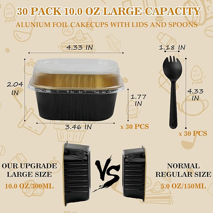 Foil Baking Cups, 30pcs 10oz Mini Cake Pans With Lids Cake Cups Aluminum Pans Disposable Ramekins With Lids Mini Cake Pans, Black Gold, HG01AP300BKX30