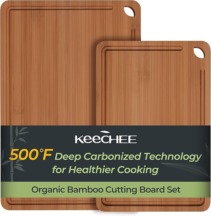Butcher Block 2-Pcs Carbonized Bamboo Cutting Board Set With Juice Groove For Meal Prep & Cheese Serving - Ideal Kitchen Gift Set of 2 (M+L)