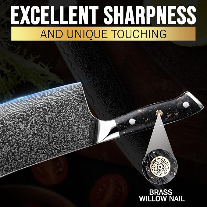 SliceElite Elite Series 7-Inch Damascus Bone Cutting Knife – VG10 Steel Blade with Forged Carbon Fiber Handle Infused with Gold Leaf, Sheaths Option (Bone Cutting Knife)