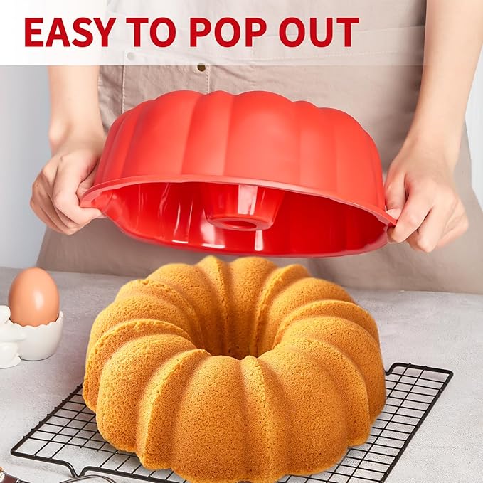 10 Inch Silicone Fluted Tube Cake Pan, 2 Pack Non Stick Silicone Baking Molds for Cake, Bread, Brownie, Jello