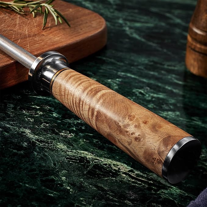 SENKEN Professional Emery Knife Sharpening Steel - Incredibly Strong Emery Rod for Sharpening & Honing Knives Up to 63 HRC Including All Damascus Knives (Natural Sycamore Wood)