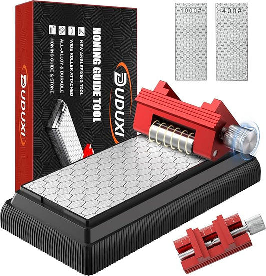 Honing Guide with Whetstone for Woodworking,Sharpening Jig Center Upgraded Honing Tool and Diamond Chisel Sharpening Stone Set Kit for Knife, Short Chisels and Planes, Fine/Coarse Plate, 400/1000/Grit