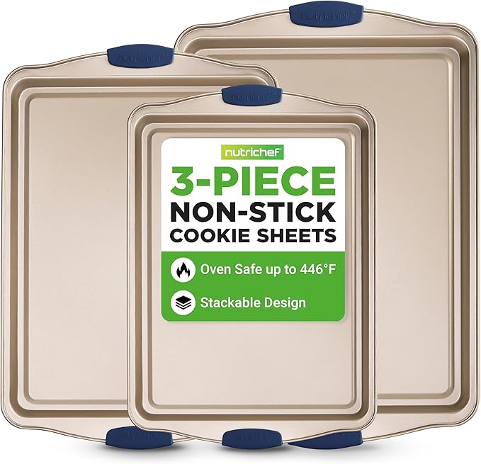 NutriChef 3‑Piece Non‑Toxic Cookie Sheets for Baking – Premium Carbon Steel Oven Tray Set with Blue Silicone Handles – Nonstick Baking Sheet Set for Cookies, Pastries & Oven‑Safe Cooking