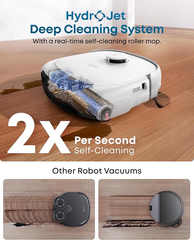 eufy Robot Vacuum E25, HydroJet System with Roller Mop, 20,000 Pa Turbo Suction, All-in-One Robot Vacuum and Mop Combo, Edge-to-Corner Cleaning, Zero-Tangle Design, AI Obstacle Avoidanced, White