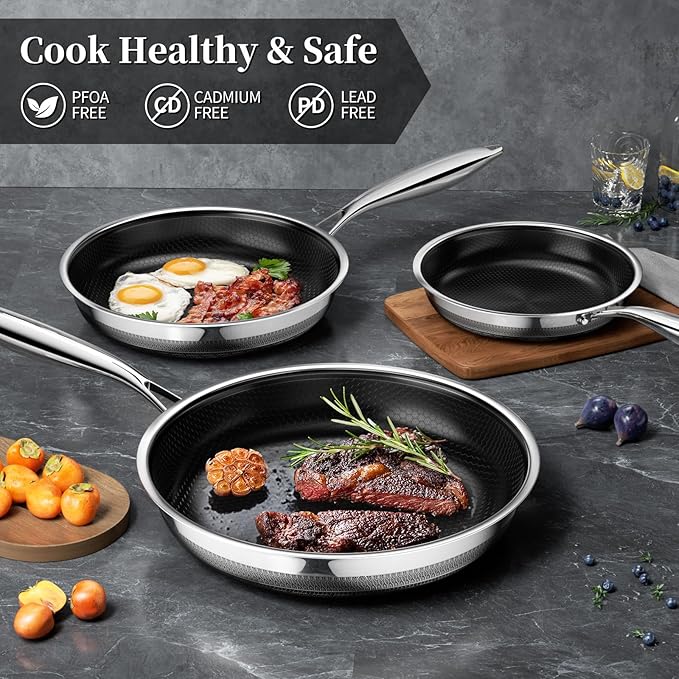Innerwell Stainless Steel Frying Pans 11 Inch Titanium Ceramic Nonstick Frying Pans Hybrid Tri-Ply Nonstick Honeycomb Kitchen Cooking Pan Compatible with All Cooktops PFOA/PFAS/PTFE Free