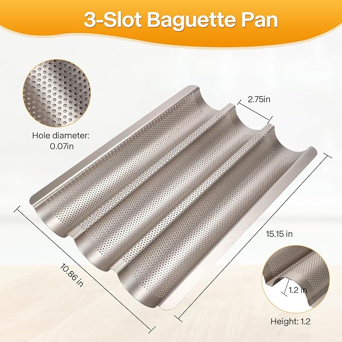 Baguette Bread Pan, Perforated French Bread Pans 15x11 Inch Nonstick, 3 Waves Loaf Tin for Homemade Sourdough Baguettes Baking, Oven Safe, 2 Pack, Gold