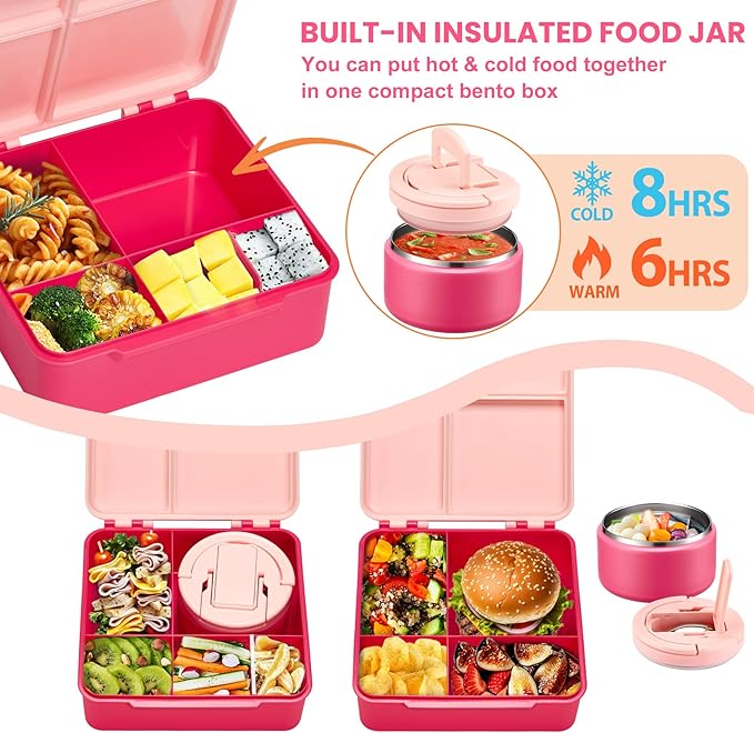 Bento Lunch Box for Kids with 8oz Soup Thermo,Kids Leakproof Lunch Food Containers with 4 Compartment,Kid Insulated Thermo Hot Food Jar for School,Trvael-Pink