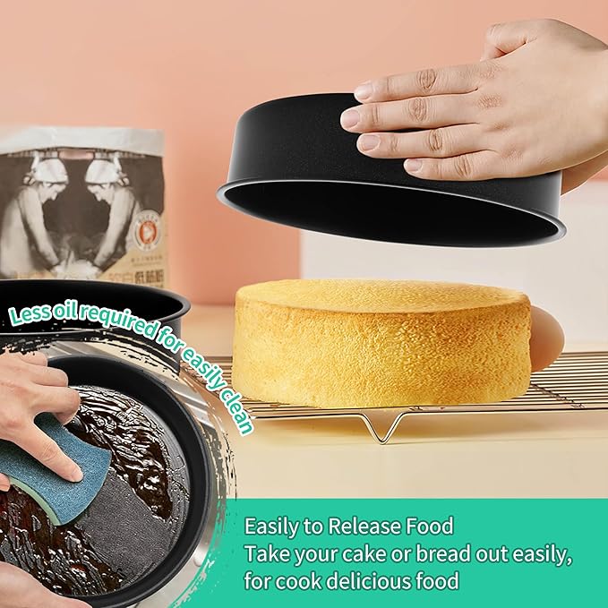 P&P CHEF Non-stick Cake Pan Set 4, 9.5 Inch Round Baking Cake Pans Tins for Tier Smash Cakes, Non-Toxic & Solid, Stainless Steel Core & Leak-Proof, 4Pcs
