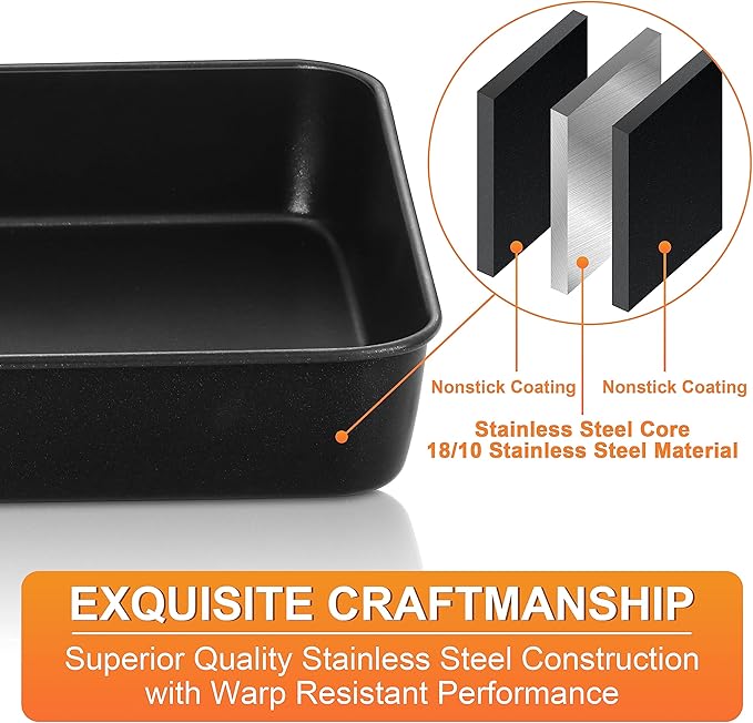 Herogo Rectangle Cake Pan Set of 2, 9 X 13 Inch Non-Stick Baking Pan for Oven, Stainless Steel Black Lasagna Brownies Casseroles Cakes Bakeware, Oven Safe