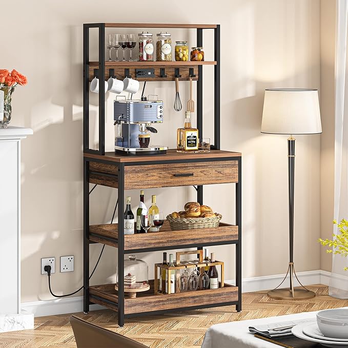 LITTLE TREE Kitchen Baker’s Rack with Power Outlets, Freestanding 5-Tier Microwave Stand with Drawers & Sliding Shelves, Coffee Bar with 6 Hooks for Dining Room Living Room, Rustic Brown