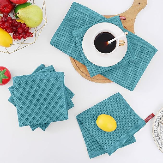 Homaxy 100% Cotton Waffle Weave Kitchen Dish Cloths, Ultra Soft Absorbent Quick Drying Dish Towels, 12 x 12 Inches, 12-Pack, Lake Blue