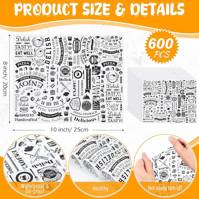 Outus 600 Pcs 8 x 10 inch Deli Wax Paper Sheets Grease Resistant Tray Basket Liners Newsprint Paper Water and Grease Proof Sandwich Wrapping Square Hot Dog Wrappers for Food Baking (White)