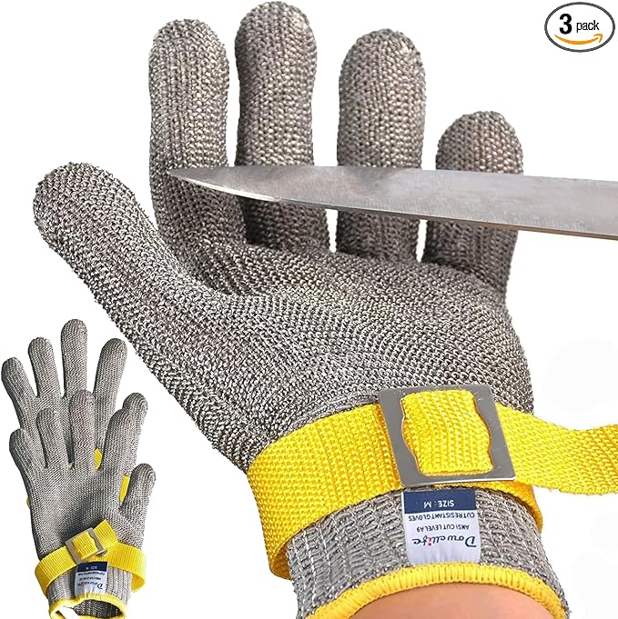 Dowellife ANSI A9 Cut Resistant Glove Food Grade, Stainless Steel Mesh Metal Knife Cutting Glove for Butcher Meat Cutting Oyster Shucking Kitchen Mandoline Chef Slicing Fish Fillet (Small-3 Pcs)