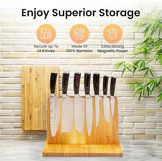 Knife Block Magnetic Knife Holder with Powerful Magnet, 100% Pure Bamboo Large Capacity Knife Organizer Block, Double Side Strongly Magnetic Kitchen Utensil Display (Stand)