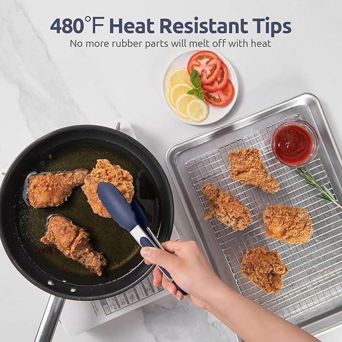 Heat Resistant Silicone Kitchen Tong: U-Taste 9 inch 480ºF Hot Proof Cooking Tong with Firm Sealed Non Stick Rubber Tips & Silicon Coated Steel Handle & Smooth Locking for Serving Grill(Midnight Blue)