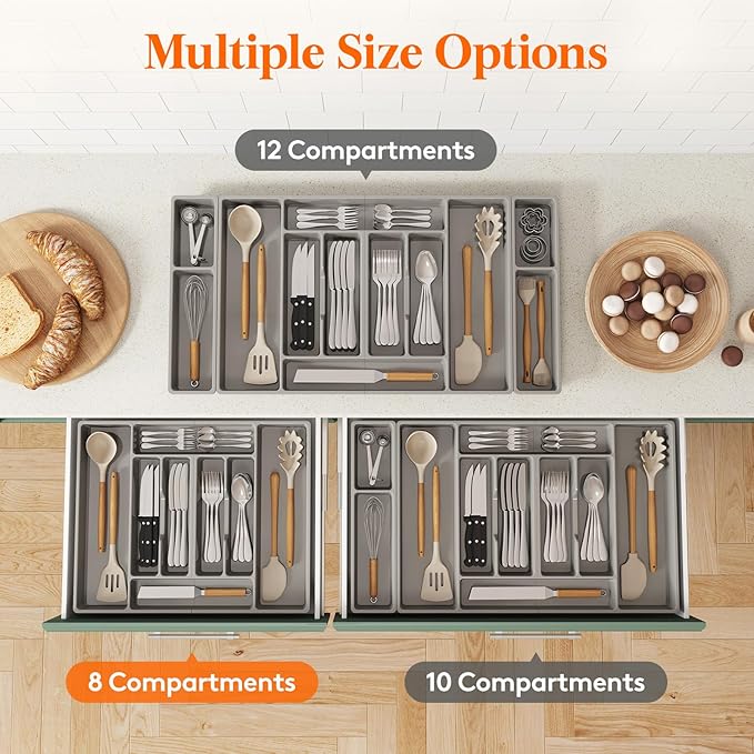 Lifewit Silverware Organizer, Plastic Kitchen Utensil Drawer Tray, Cutlery Flatware Storage Holder for Spoons Forks Knives, 20 x 16 Inches, 8 Compartment, Gray