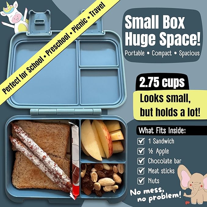 BEARFOOT Kids Lunch Box with Compartments – Compact & Lightweight | Leak-Proof, BPA-Free, Dishwasher & Microwave Safe | Hand-Drawn Design for Preschool, School, Travel (Dinos Blue, 2.75 Cups)