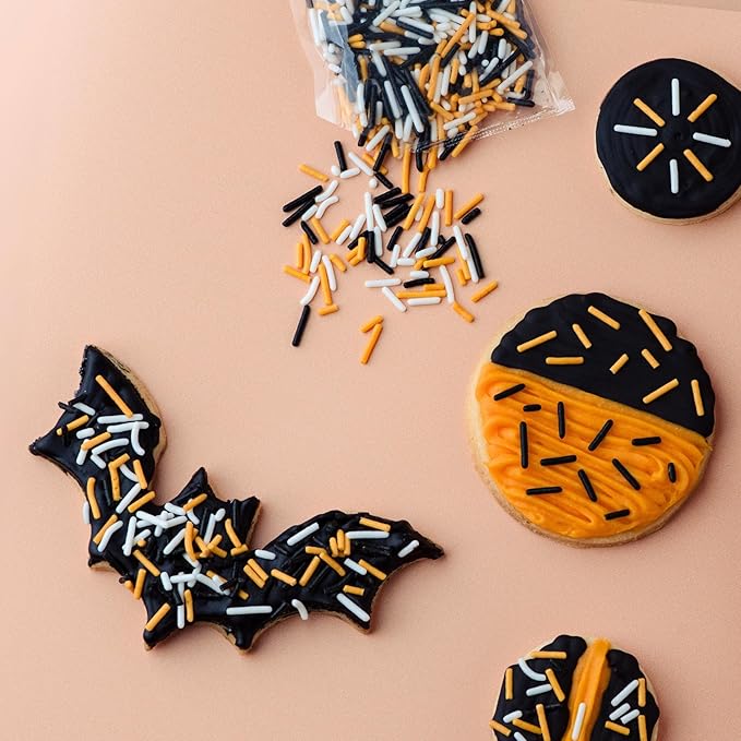 Sweets Indeed Dye-Free Halloween Frosting & Sprinkles Set – 8.22 oz | 2 Frosting Tubes (Orange & Black) + 2 Decorating Tips + 2 oz Sprinkle Mix (Black, Orange & White) | No Artificial Dyes Cupcake & Cookie Decorating Kit