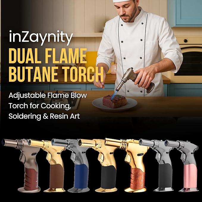 Dual Flame Butane Torch Gun - Refillable Luxury Hand Held Mini Blow Torch for Cooking, Creme Brulee, Soldering, Welding, & Resin Art - Adjustable Flame with Ignition Lock - Steel Blue by inZaynity