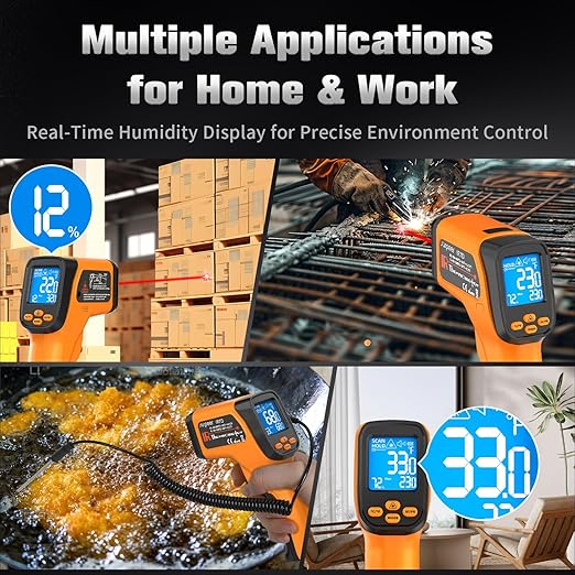 Infrared Thermometer Temperature Gun, Non-Contact Digital Laser Temp -58°F to 1472°F, K-Type Probe -58°F to 572°F, for Cooking, Pizza Oven, BBQ, HVAC, Home & Industrial