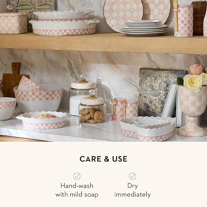 MACKENZIE-CHILDS Set of 2 Ceramic Farmhouse Canisters, Kitchen Storage Containers with Lids, Pink-and-White Rosy Check
