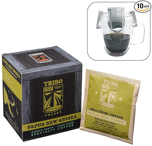 Tribo Coffee Single-Serve Portable Pour Over Drip Coffee - Papua New Guinea - 10 Servings (Medium-Dark Roast)