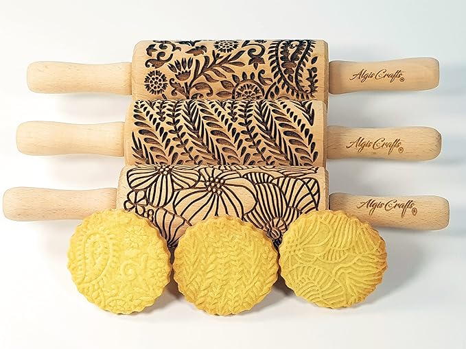 FLORAL 3 Small Textured Rolling Pin Set. Wooden laser engraved embossing dough roller for embossed cookies gift for Birthday, Easter by Algis Crafts