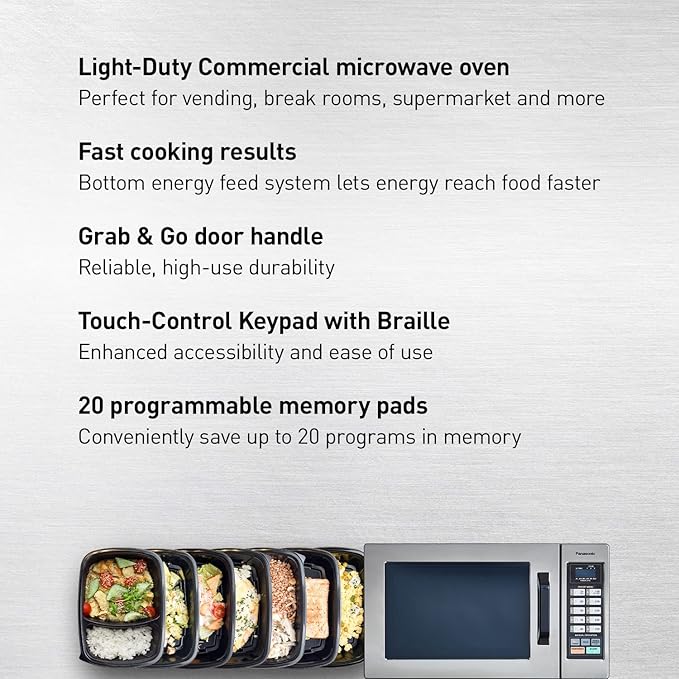 Panasonic NE-1054F Compact Light-Duty Countertop Commercial Microwave Oven with 10 Programmable Memory and Touch Screen Control, 1000W of Cooking Power, 0.8 Cu. Ft, Stainless Steel
