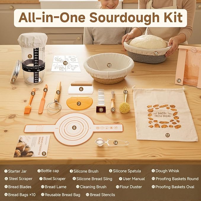 Complete Sourdough Starter Kit With Woven Proofing Basket, Sour dough Starter jar, Sourdough Bread Baking Supplies, Bread Making Kit,Perfect for Beginners & Gift