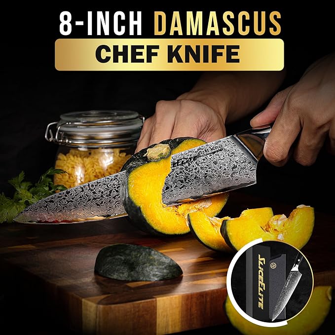 SliceElite Elite Series 8 Inch Chef Knife VG10 Damascus Steel Forged G10 Handle Sharp Kitchen Vegetable Meat Chopper Cutting Cooking Carving Precision Cleaver BBQ Fruit Professional Gift Blade Tool