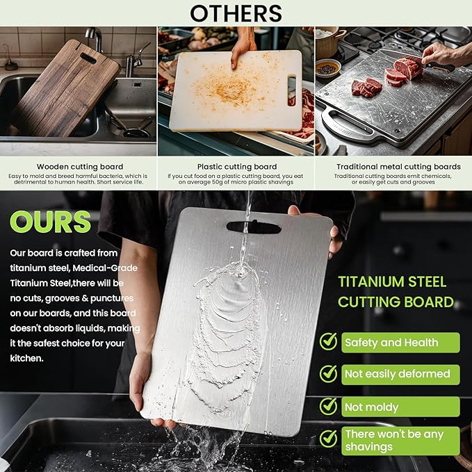New Titanium Cutting Board-100% Pure Titanium Cutting Boards For Kitche,Easy to clean, Double-sided food-grade Cutting Board For Meats, Fruits And Vegetables（18 * 12）