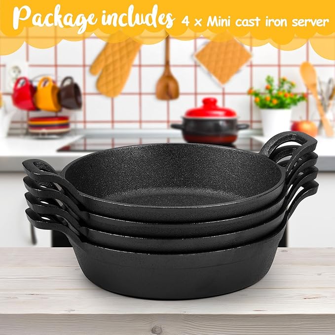 Mini Cast Iron Skillets 7 x 7 x 1.7 Inch Cast Iron Pan Small Ramekin Set Black Casserole Dish Cookware Oven Safe Mini Skillets for Kitchen Indoor Outdoor Picnic (4 Pack)