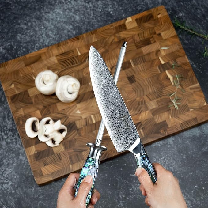 SENKEN Professional Emery Knife Sharpening Steel - Incredibly Strong Emery Rod for Sharpening & Honing Knives Up to 63 HRC Including All Damascus Knives ("Umi" Abalone Shell)